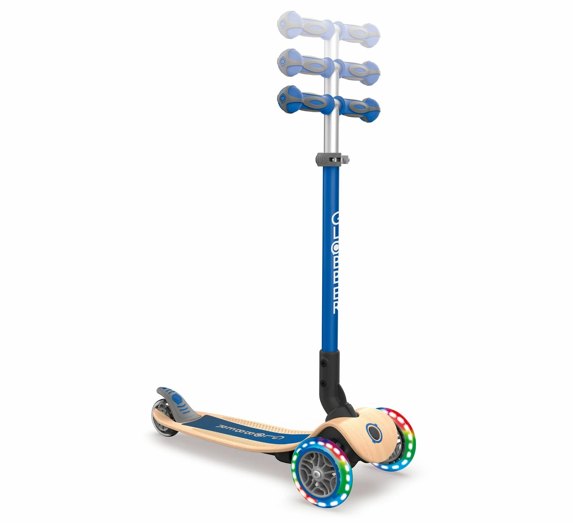 Globber Primo Lights Wood Foldable Tri-Scooter Blau - Braun - Schwarz 4 Globber Primo Lights Wood Foldable Tri-Scooter Blau - Braun - Schwarz – Bild 2