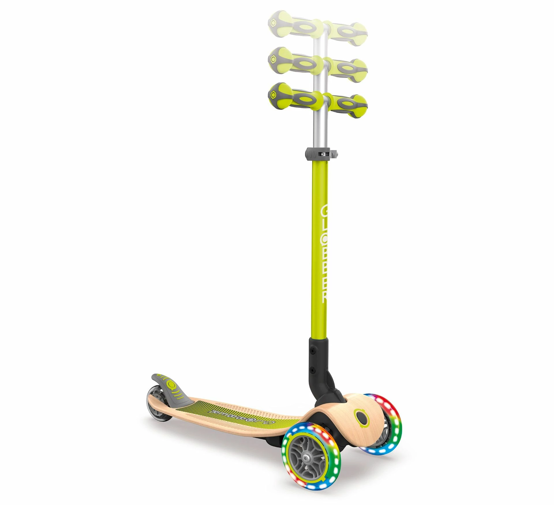 Globber Primo Lights Wood Foldable Tri-Scooter Grün - Braun - Schwarz 4 Globber Primo Lights Wood Foldable Tri-Scooter Grün - Braun - Schwarz – Bild 2