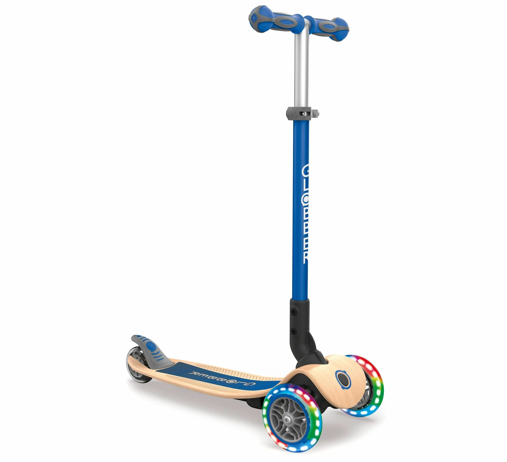 Globber Primo Lights Wood Foldable Tri-Scooter Blau - Braun - Schwarz 3 Globber Primo Lights Wood Foldable Tri-Scooter Blau - Braun - Schwarz