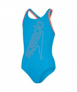 Speedo Boom Logo Placement Flyback Badeanzug Mädchen Blau - Orange