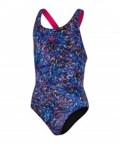Speedo Digital Allover Leaderback Badeanzug Mädchen Schwarz - Blau - Rosa