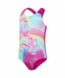 Speedo Digital Placement Racerback Badeanzug Mädchen Rosa - Hell Blau - Gelb
