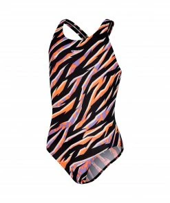 Speedo ECO Allover Medalist Badeanzug Mädchen Schwarz - Orange - Violett